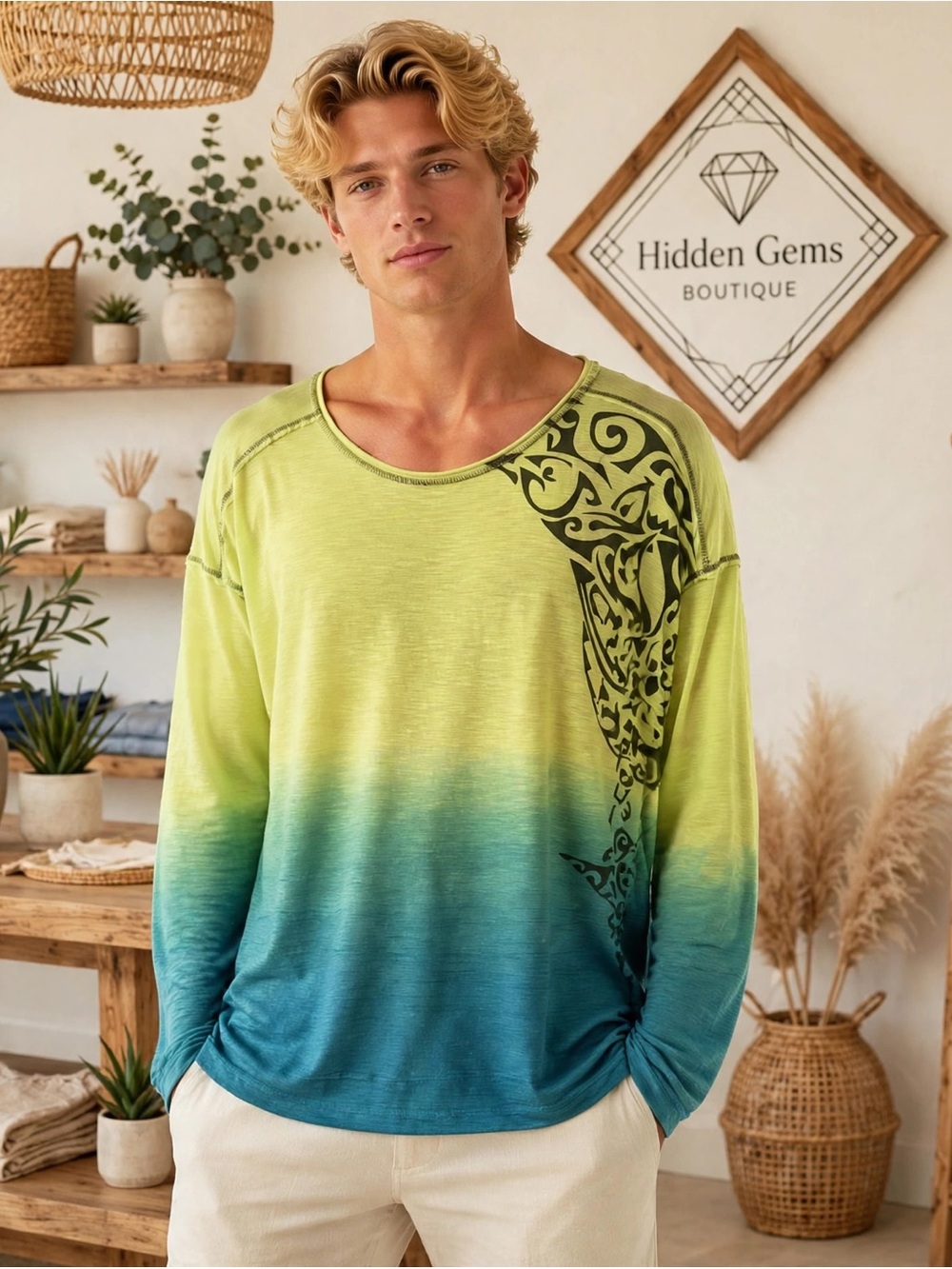 Men's Lime-Teal Ombre Long-Sleeve Tee with Tribal Accent